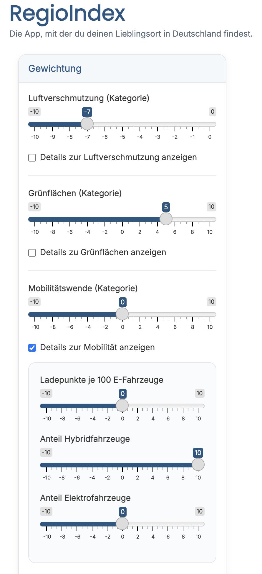 Slider interface for weighting regional indicators
